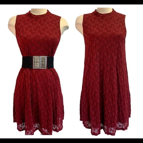MAROON burgundy sleeveless lace dress size large - Picture 1 of 9
